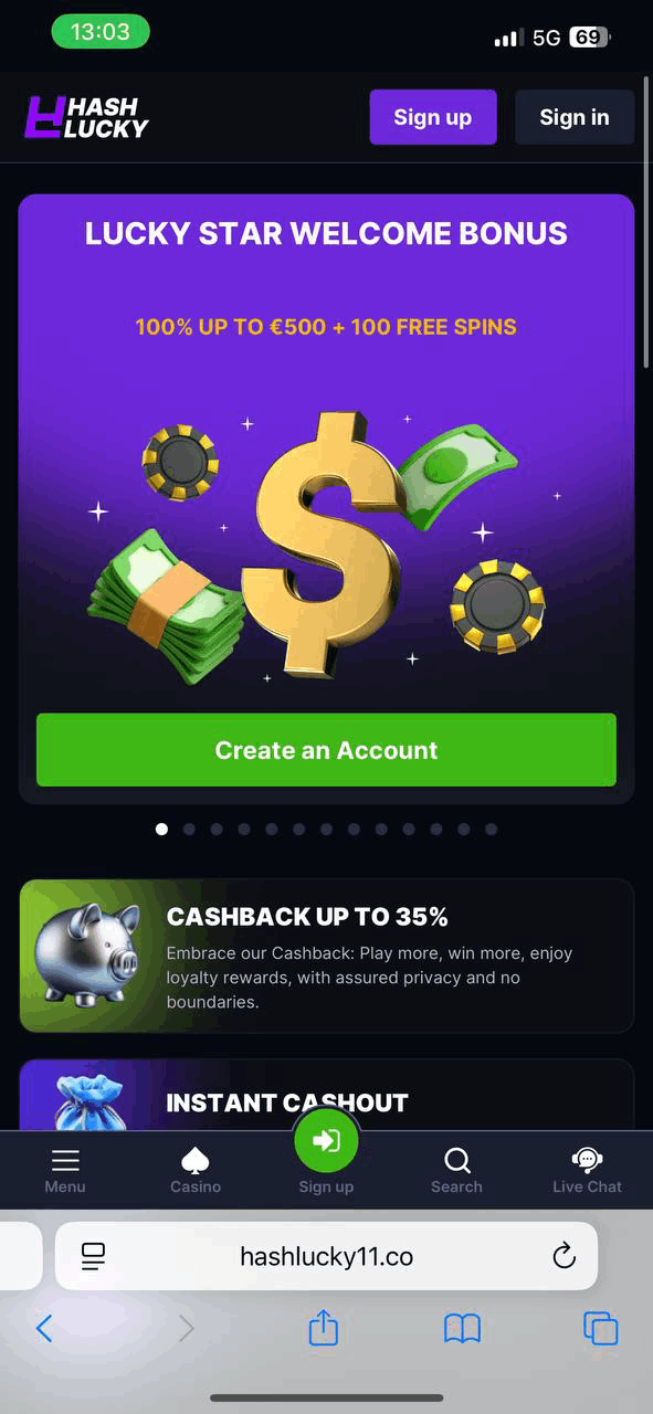 HashLucky Casino — mobiel